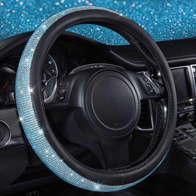 CAR PASS Mint Diamond Black Leather Steering Wheel Cover, Bling Blue Crystal Rhinestones Universal Fit 14"1/2-15" Crystal Glitter for Women Sparkle Girl Fit Suvs,Vans,Sedans,Cars,Trucks, Mint Diamond - Image 1